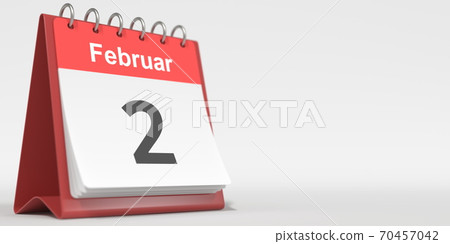 February 2 date written in German on the flip calendar page. 3d rendering 70457042