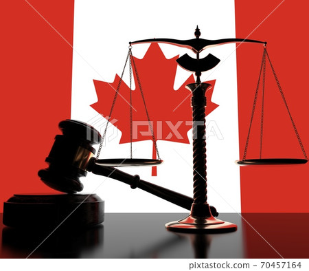 Backlit judge gavel and scales on flag of Canada background, 3d rendering Backlit judge gavel and scales on flag of Canada background, 3d rendering 70457164