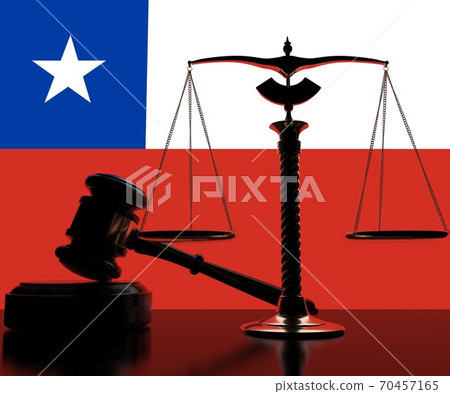 Backlit judge gavel and scales on flag of Chile background, 3d rendering Backlit judge gavel and scales on flag of Chile background, 3d rendering 70457165