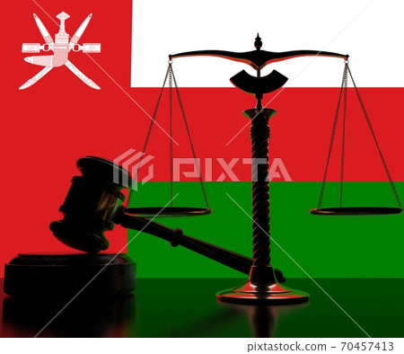 Judge gavel, scales and flag of Oman 3d rendering 70457413