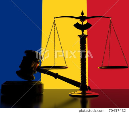 Judge gavel, scales and flag of Romania 3d rendering 70457482