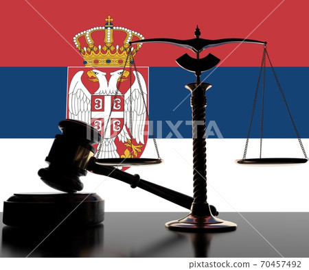 Backlit judge gavel and balance scales on flag of Serbia background, 3d rendering 70457492
