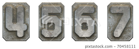 Set of numbers 4, 5, 6, 7 made of industrial metal on white background 3d Set of numbers 4, 5, 6, 7 made of industrial metal on white background 3d 70458111