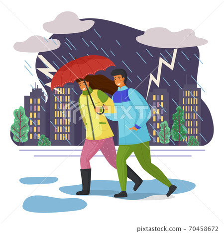 Couple goes in pouring rain, escaping under umbrella. Evening city, lightning sparkles, rain pours 70458672