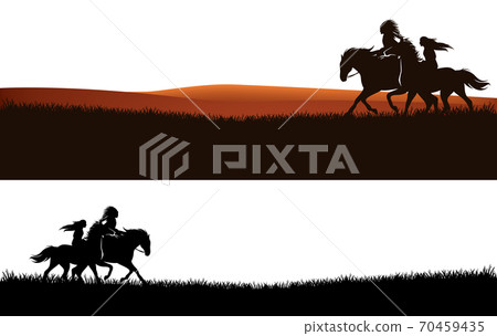 native american man and woman riding horses vector silhouette outline 70459435