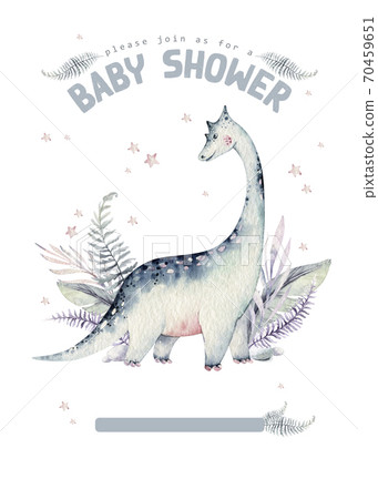 Cute cartoon baby dinosaurs collection watercolor baby shower invite, hand painted dino isolated on a white background for nursery poster decoration. Rex children funny art Cute cartoon baby dinosaurs collection watercolor baby shower invite, hand painted dino isolated on a white background for nursery poster decoration. Rex children funny art 70459651