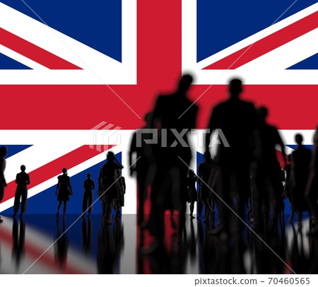 Silhoettes of unknown men and women on the flag of the United Kingdom background. 3d rendering 70460565