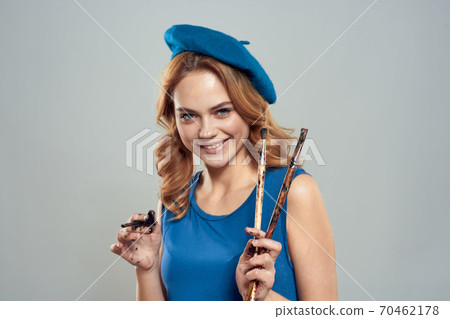 woman artist brush in hand blue beret dress hobby art lifestyle light background woman artist brush in hand blue beret dress hobby art lifestyle light background 70462178