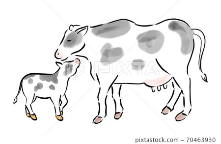2021年新年賀卡材料，奶牛雌，手繪牛親子 70463930