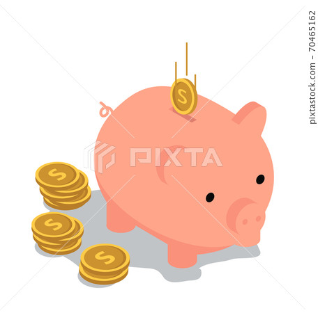 piggy bank Isometric with coins and falling coin 70465162