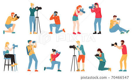 Photographer characters. Paparazzi, cameraman creative people take photo shot, reporters and journalists characters vector illustration set Photographer characters. Paparazzi, cameraman creative people take photo shot, reporters and journalists characters vector illustration set 70466547
