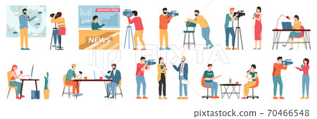 Media TV journalists. Talk show hosts, news presenters and broadcast journalist, television industry videographers crew vector illustration set 70466548