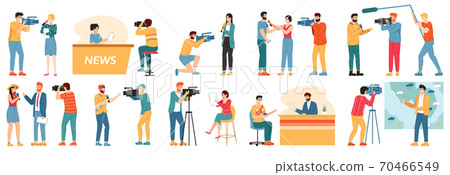 Journalist characters. Reporters, news presenter and videographers, tv show hosts characters interviewing people isolated vector illustration set 70466549