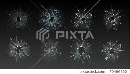 Realistic cracked glass. Broken smashed, damaged texture, crash destruction ice, clear glass surface, crack bullet hole vector illustration set 70466560