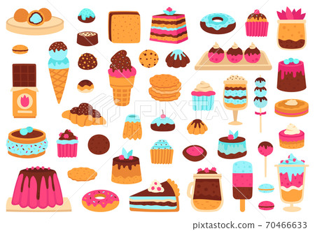 Sweet desserts. Bakery sweets, muffin cakes, ice cream, hand drawn candies, chocolate bar and macarons. Cute sweets vector illustration set Sweet desserts. Bakery sweets, muffin cakes, ice cream, hand drawn candies, chocolate bar and macarons. Cute sweets vector illustration set 70466633