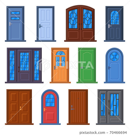 Modern doors. Front entrance doors, house, building or room doorway, closed building exterior and interior doors vector illustration set 70466694