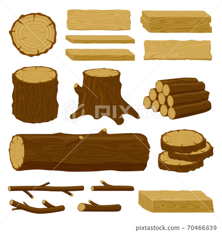 Wood trunks. Tree lumber, wood logs, logging twigs and wooden planks, stacked firewood material isolated vector illustration icons set Wood trunks. Tree lumber, wood logs, logging twigs and wooden planks, stacked firewood material isolated vector illustration icons set 70466839