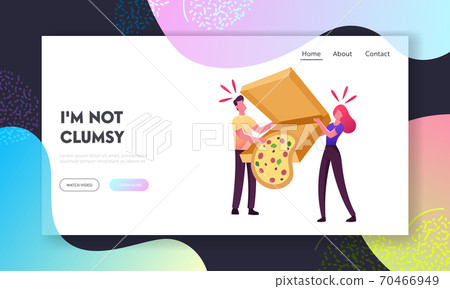 Clumsiness Landing Page Template. Tiny Male and Female Characters Drop Huge Takeaway Box with Delivered Pizza Fall Down 70466949