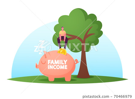 Male Character Sit on Tree Put Huge Coin into Piggy Bank. Man Collect Money, Cash, Financial Profit. Basic Family Income Male Character Sit on Tree Put Huge Coin into Piggy Bank. Man Collect Money, Cash, Financial Profit. Basic Family Income 70466979