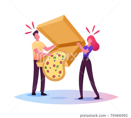 Clumsiness, Sods Law Concept. Tiny Male Female Characters Drop Huge Takeaway Box with Delivered Pizza Fall Down on Floor 70466992