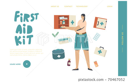 Medicines Care and Storage Landing Page Template. Young Female Character Put Drugs in Shelf Box, Medication, Healthcare 70467052