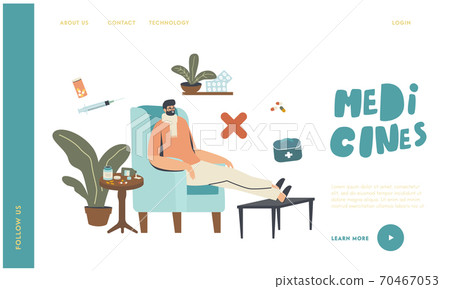 Wrong Medicines Care, Flu Disease Landing Page Template. Sick Male Character Wearing Warm Scarf Sit at Home in Armchair 70467053
