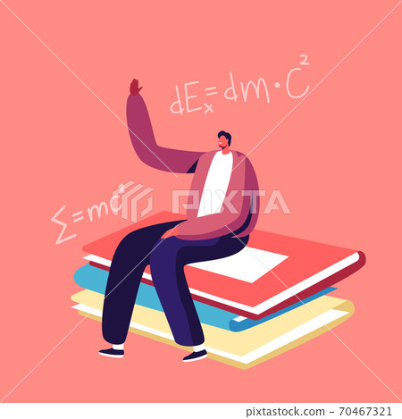 Tiny Student Sitting at Huge Textbooks Pile in Classroom Raising Hand for Answer Lesson. School Boy Studying in Class 70467321