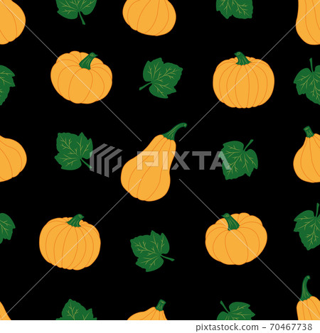 Pumpkins with leaves on a black background. Seamless vector pattern. Cute autumn illustrations for holiday decorations, festive cards, banners, wrappings, prints, fabrics, textiles, creatives crafts. Pumpkins with leaves on a black background. Seamless vector pattern. Cute autumn illustrations for holiday decorations, festive cards, banners, wrappings, prints, fabrics, textiles, creatives crafts. 70467738