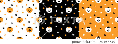 Set of patterns with cute pumpkins and stars. Halloween vector illustration for decoration of backgrounds, leaflets, wallpaper, textiles, fabrics, prints, wrappers, package, additions to the design. Set of patterns with cute pumpkins and stars. Halloween vector illustration for decoration of backgrounds, leaflets, wallpaper, textiles, fabrics, prints, wrappers, package, additions to the design. 70467739