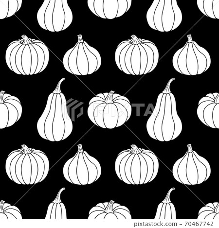 White pumpkins on a black background. Seamless vector pattern. Autumn simple illustrations for holiday decorations, postcards, banners, gift wrapping paper, prints, fabrics, and textiles. 70467742