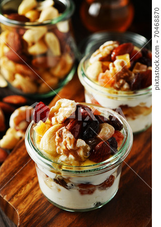 Yogurt with nuts and fruits 70468870