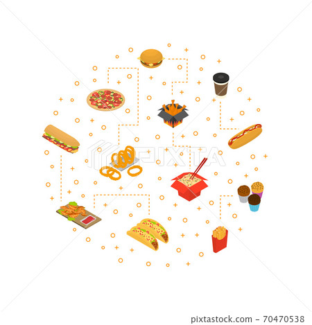 Fast Food Cart Cafe Concept Round Design Banner 3d Isometric View. Vector 70470538