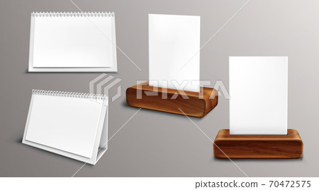 Calendar on wooden base mockup realistic set. 70472575