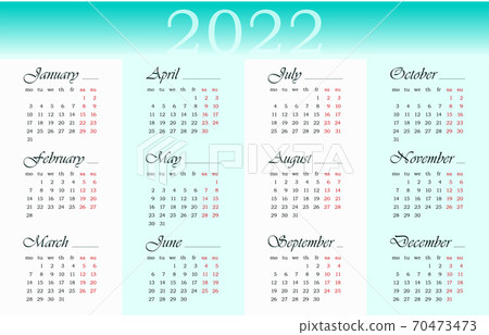 2022 Year Calendar In English 12 Months Week Stock Illustration 70473473 Pixta