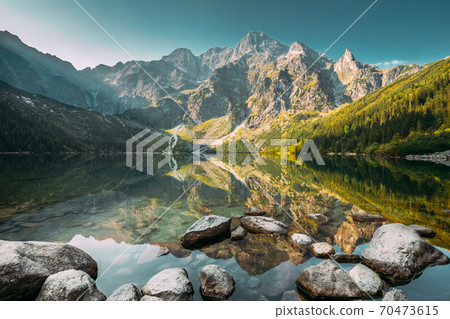 Tatra National Park, Poland. Small Mountains Lake Zabie Oko Or Ma e Morskie Oko In Summer Morning. Five Lakes Valley. Beautiful Scenic View. European Nature 70473615