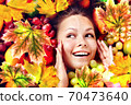Autumn leaves background with face and hands woman 70473640