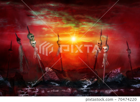 The end of war with skulls impaled by spears . Horror scene The end of war with skulls impaled by spears . Horror scene 70474220