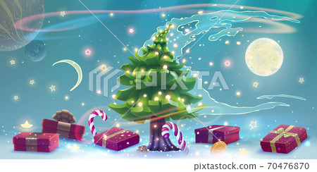 Magic Christmas tree with presents and glow snowflakes for New Year greeting card in vector. Fantasy winter illustration with tree and bright snow. Magic Christmas tree with presents and glow snowflakes for New Year greeting card in vector. Fantasy winter illustration with tree and bright snow. 70476870