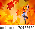 Autumn banners leaves with woman wear in coat and hat 70477679