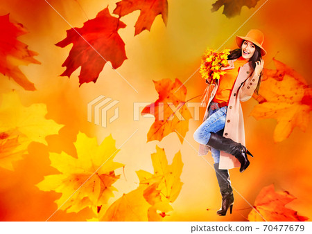 Autumn banners leaves with woman wear in coat and hat 70477679