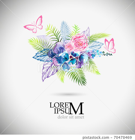 Floral abstraction from watercolor different colors with butterflies. T-shirt print. Vector illustration. Floral abstraction from watercolor different colors with butterflies. T-shirt print. Vector illustration. 70478469