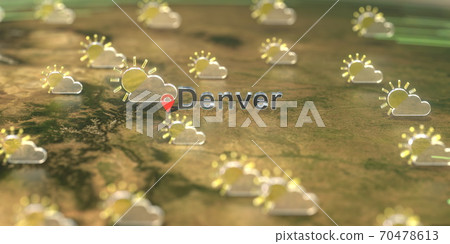 Partly cloudy weather icons near Denver city on the map, weather forecast related 3D rendering 70478613