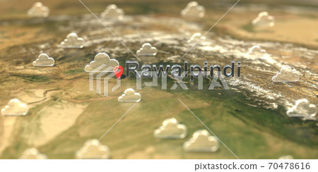 Rawalpindi city and cloudy weather icon on the map, weather forecast related 3D rendering 70478616