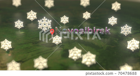 Snowy weather icons near Novosibirsk city on the map, weather forecast related 3D rendering 70478688