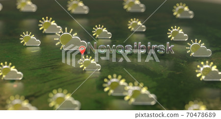 Partly cloudy weather icons near Novosibirsk city on the map, weather forecast related 3D rendering 70478689