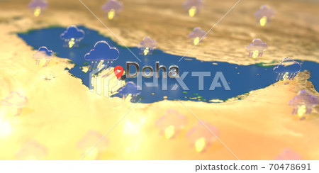 Doha city and stormy weather icon on the map, weather forecast related 3D rendering 70478691