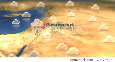 Cloudy weather icons near Amman city on the map, weather forecast related 3D rendering Cloudy weather icons near Amman city on the map, weather forecast related 3D rendering 70478692