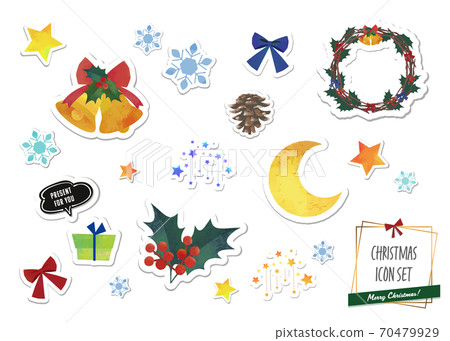 聖誕主題圖標集白色邊框摳圖貼紙白色背景 70479929