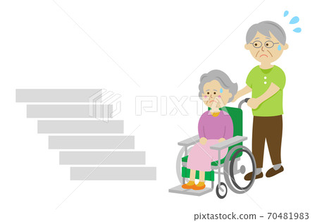老人坐在輪椅上有樓梯麻煩的插圖圖像 70481983
