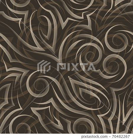 Vector beige seamless pattern drawn with a pen or liner for decoration on a brown background.Smooth uneven lines in the form of spirals of corners and loops. 70482267